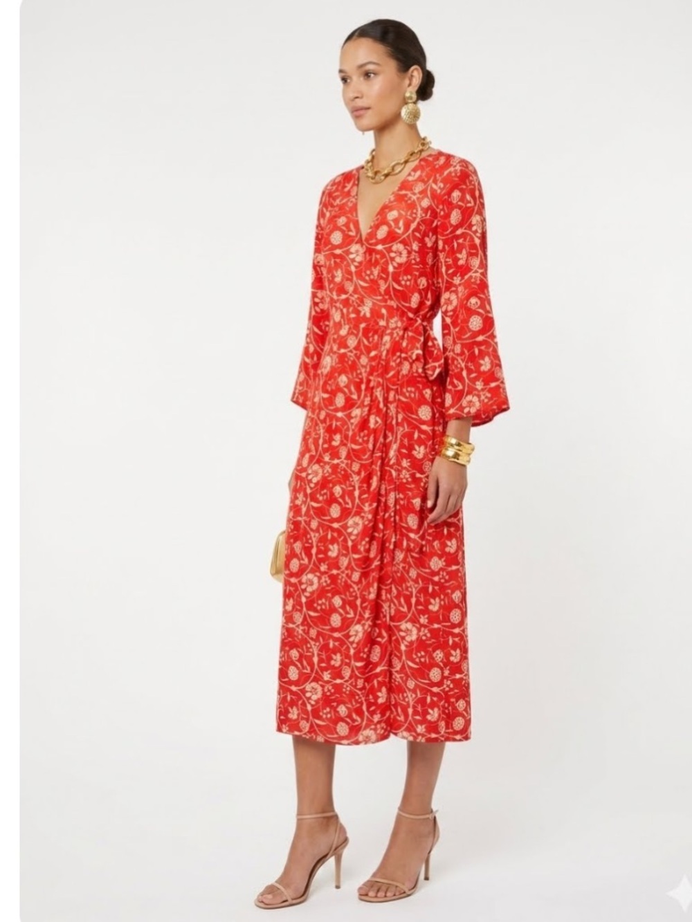 Beulah London Designer Silk Red White Floral Block Print Midi Wrap Dress 12 US 8